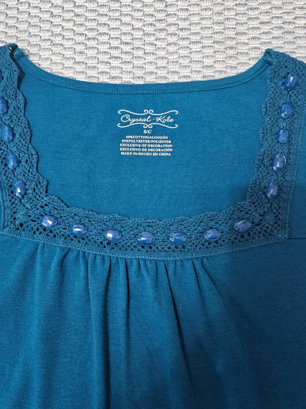 Crystal Kobe Blue Square Neck Lace Beaded Flutter Sleeve Knit Top - Size Small - Picture 4 of 7